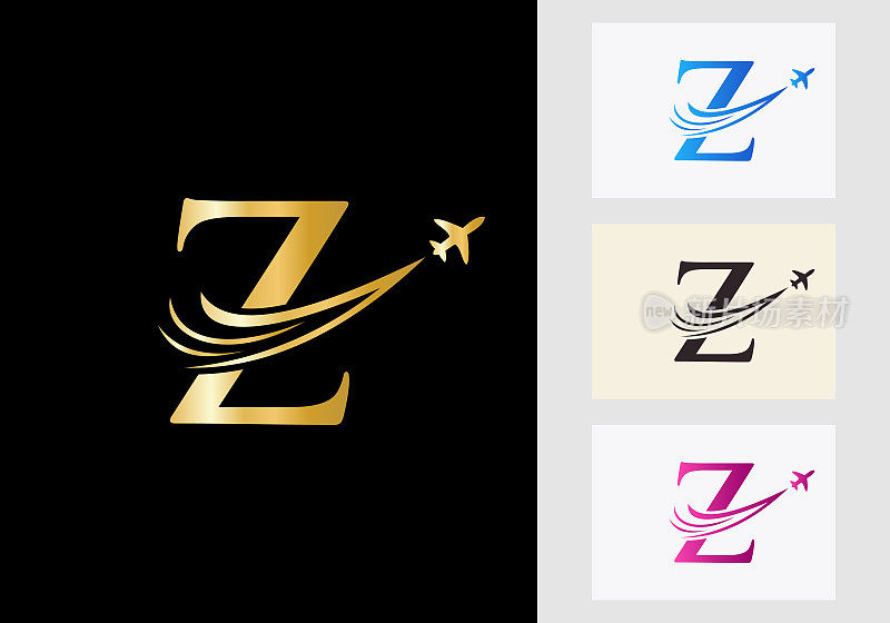 字母Z旅行标志概念与飞行的飞机符号