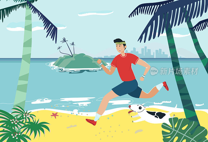 人与狗在海边奔跑，矢量插图，在海滩自然健康健身锻炼，扁平人性格慢跑与动物宠物。