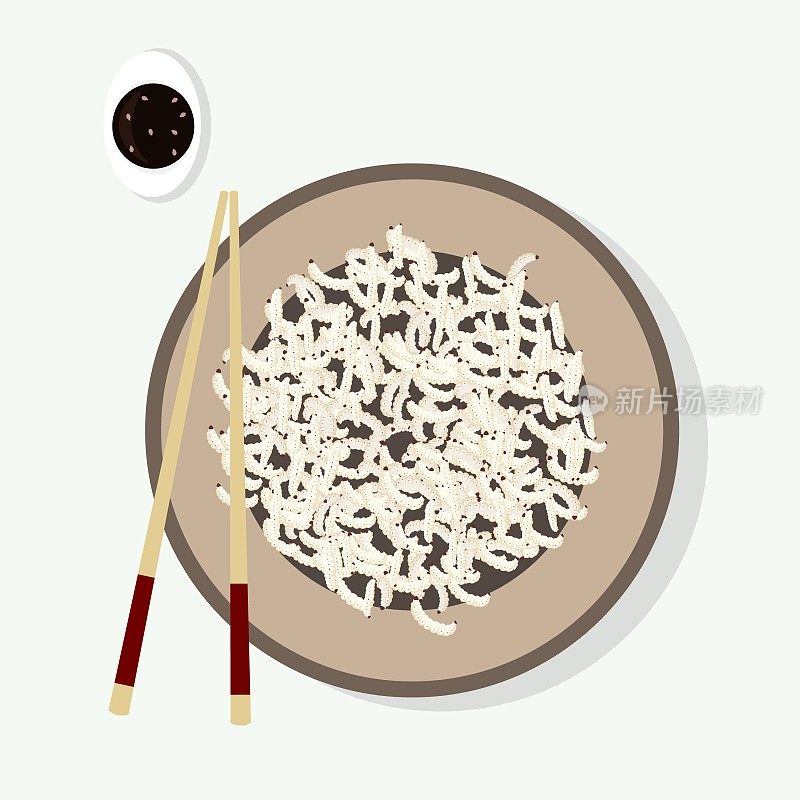 竹虫，一个奇怪的中国食物载体插图。虫子放在盘子里，旁边是酱油和筷子