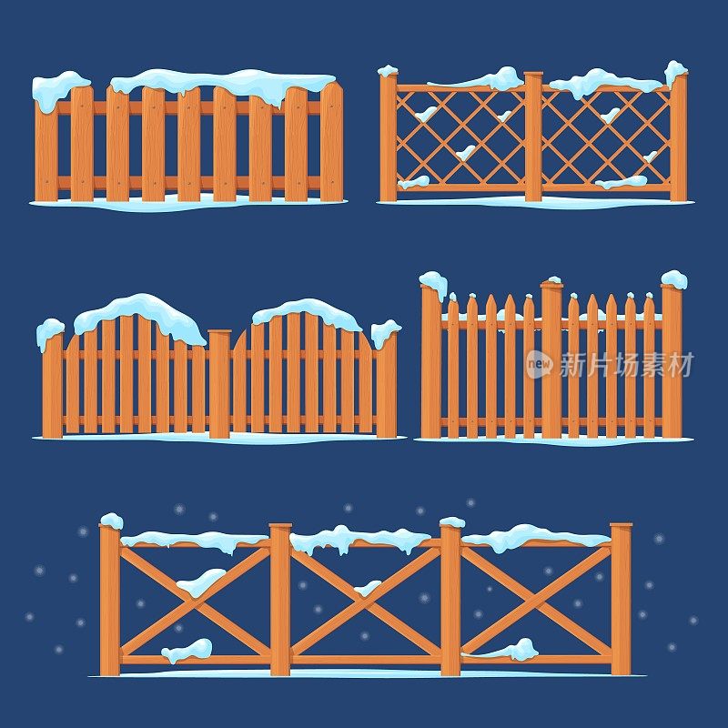 雪栅栏。冬天的木栅栏覆盖着冰冻的雪堆，乡村的雪板木围栏，冰柱和冰雪花
