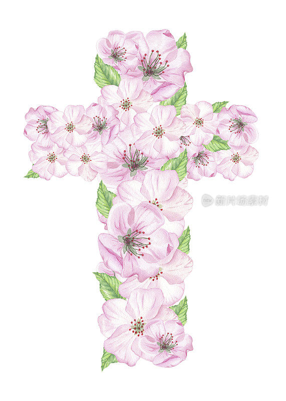 十字架与水彩花是理想的复活节，第一次圣餐，主的洗礼和洗礼邀请。白色背景上的水彩孤立插图。樱花。叶子