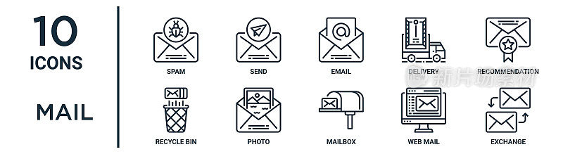 邮件大纲图标集包括细线垃圾邮件，电子邮件，推荐，照片，web邮件，交换，回收站图标的报告，演示文稿，图表，网页设计