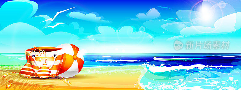 欢迎来到假期卡通风格。沙滩包与泳衣和一个球的背景上的海洋景观。