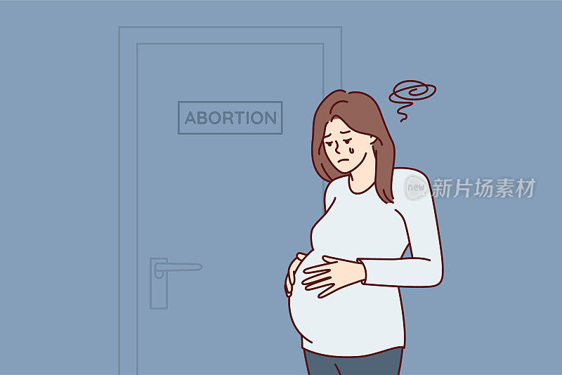 在做了一个艰难的决定后，孕妇在门口贴着堕胎标志。矢量图