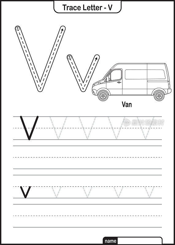 字母跟踪字母A到Z学龄前工作表与字母V范亲矢量