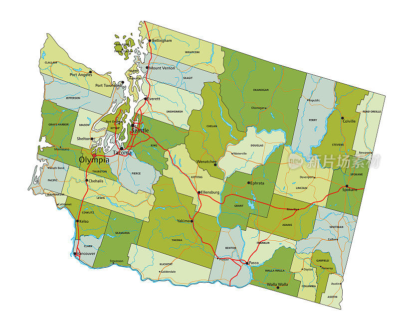 高度详细的可编辑的政治地图与分离的层。华盛顿。