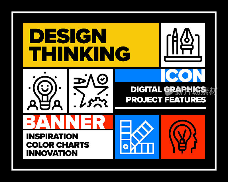 设计思维线图标集和横幅设计