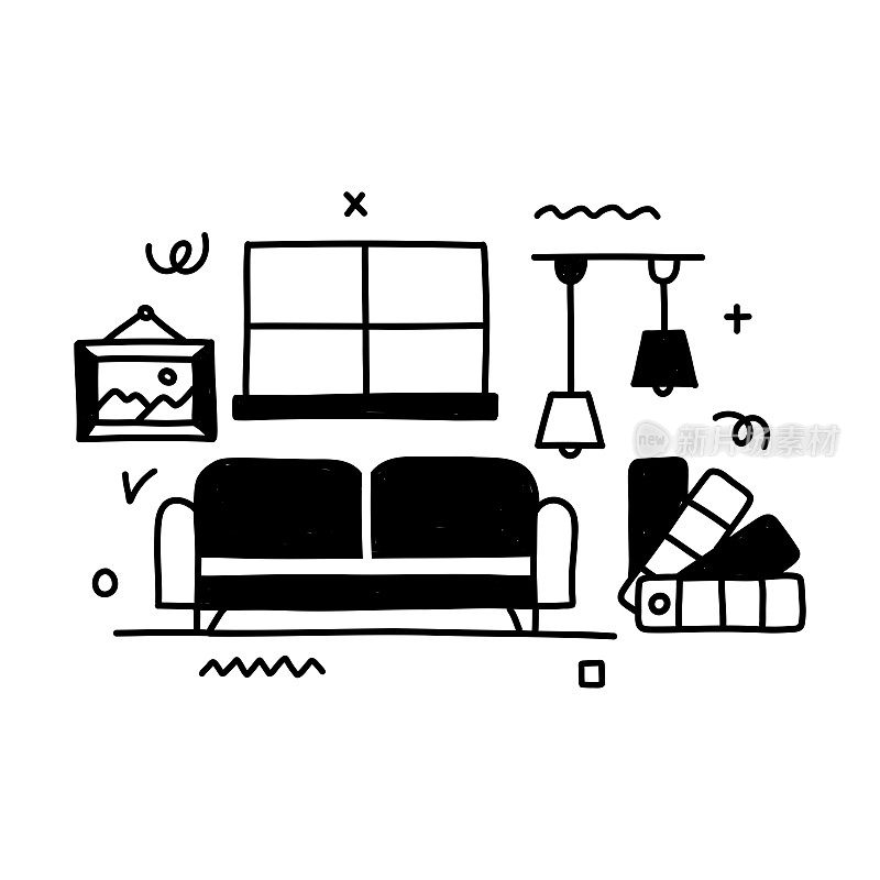 与线条图标相关的室内设计。建筑师,设计师,家居装饰,时尚。