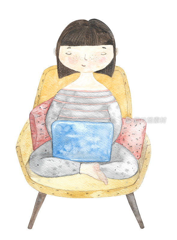 一个女孩坐在扶手椅上用笔记本电脑工作