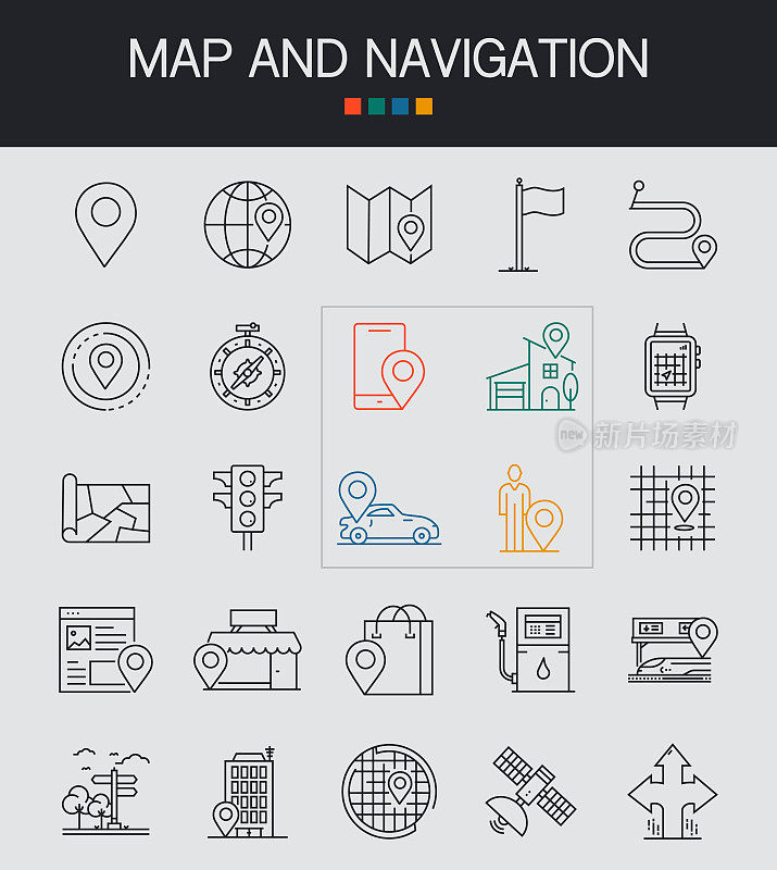 地图和导航线图标可编辑描边。导航，地图，Gps，位置，地址
