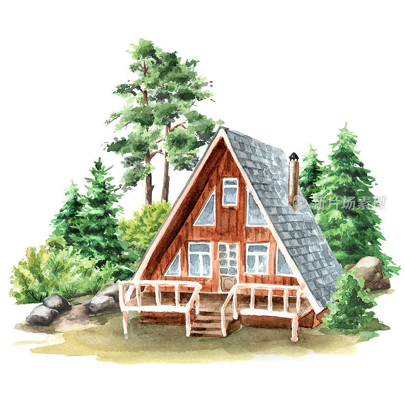 舒适的乡村小屋。手绘水彩插图，孤立在白色背景上
