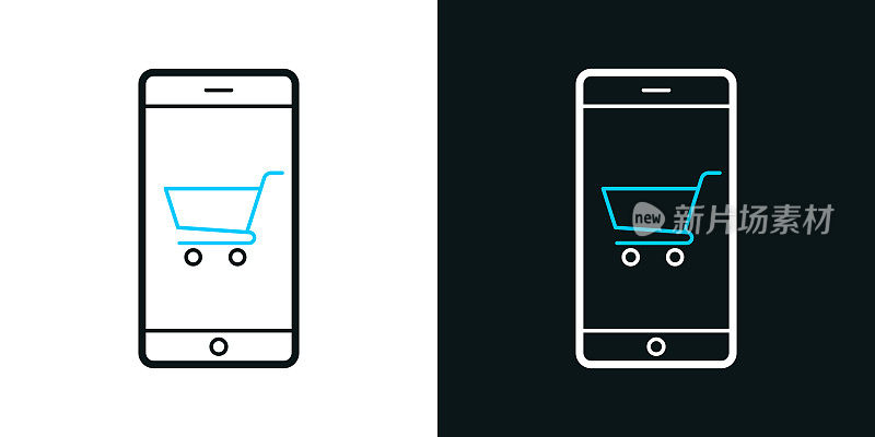 用智能手机网购。黑色或白色背景上的双色线条图标-可编辑笔触