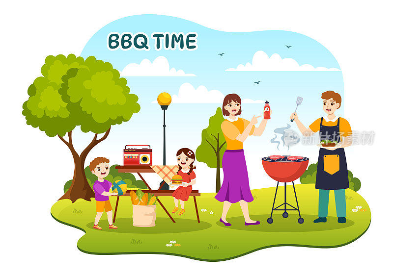 烧烤和烧烤设置矢量插图孩子在节日和夏季烹饪卡通手绘模板公园烧烤或烧烤派对食品