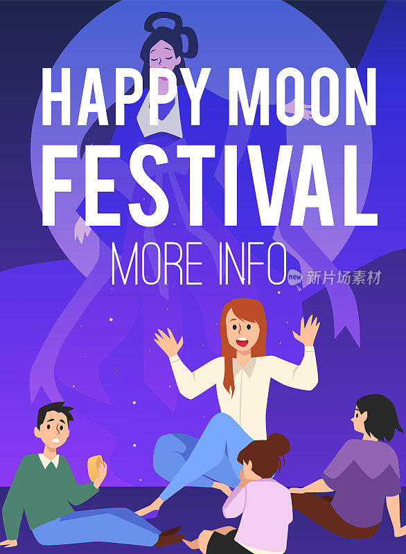 中国中秋贺卡网页横幅，平面矢量插图。给孩子们讲嫦娥的传说。男孩在吃月饼。