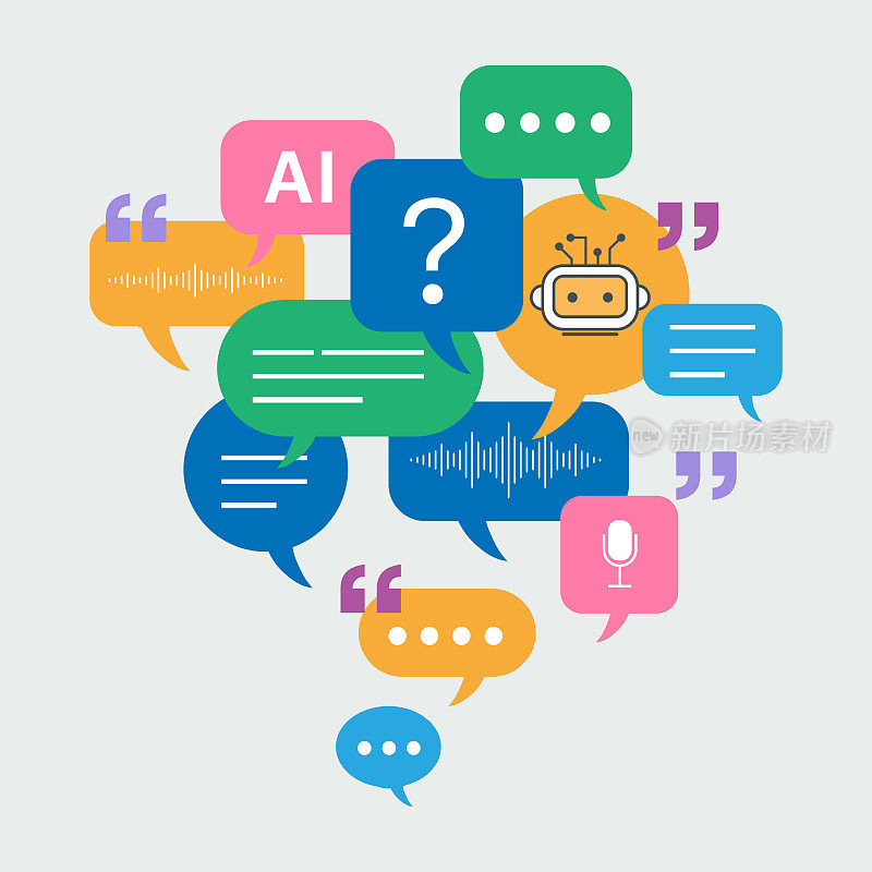 聊天机器人AI聊天机器人语音泡泡技术，说话聊天语音泡泡。与人工智能服务对话。客户支持信息的虚拟助理。