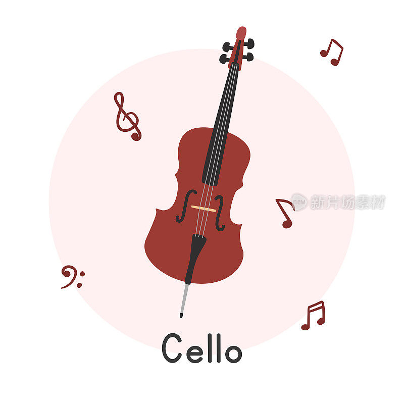 大提琴剪贴画卡通风格。简单可爱的棕色大提琴弦乐器平面矢量插图。弦乐器手绘涂鸦风格。大提琴矢量设计
