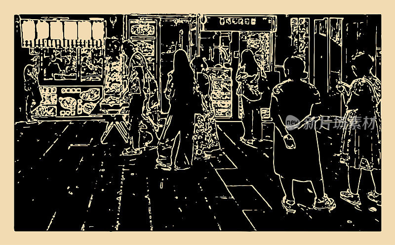 人们在街边的橱窗购物,抽象艺术木刻风格的商业模式背景下购买食品