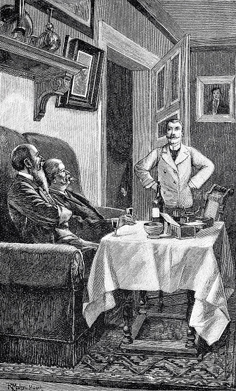 两个男人在一家餐馆喝酒，服务员站在旁边