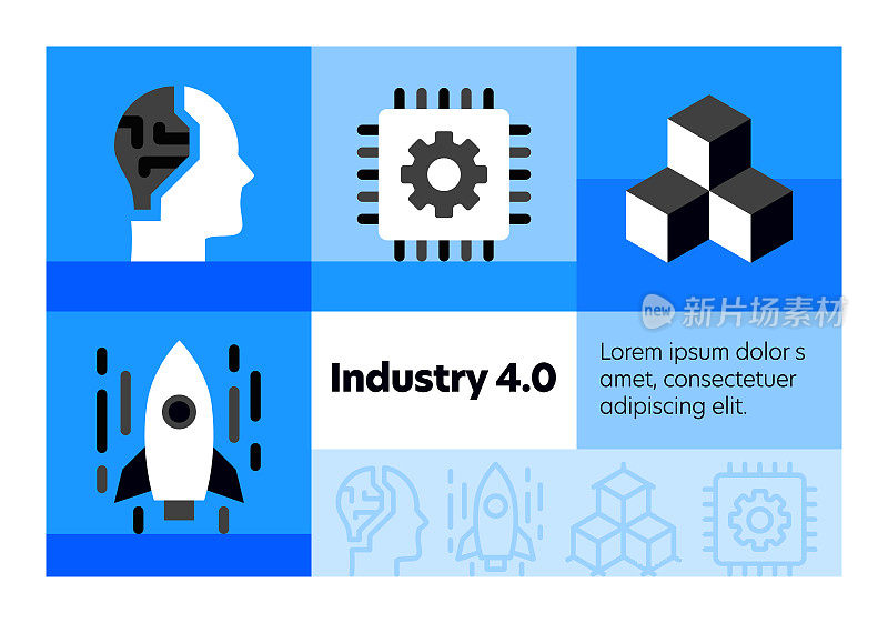 工业4.0线图标集和横幅设计。
