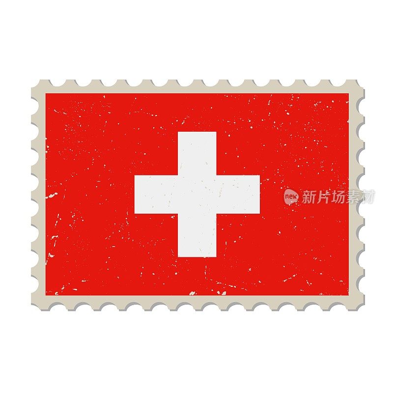 瑞士垃圾邮票。复古明信片矢量插图与瑞士国旗隔离在白色背景上。复古的风格。
