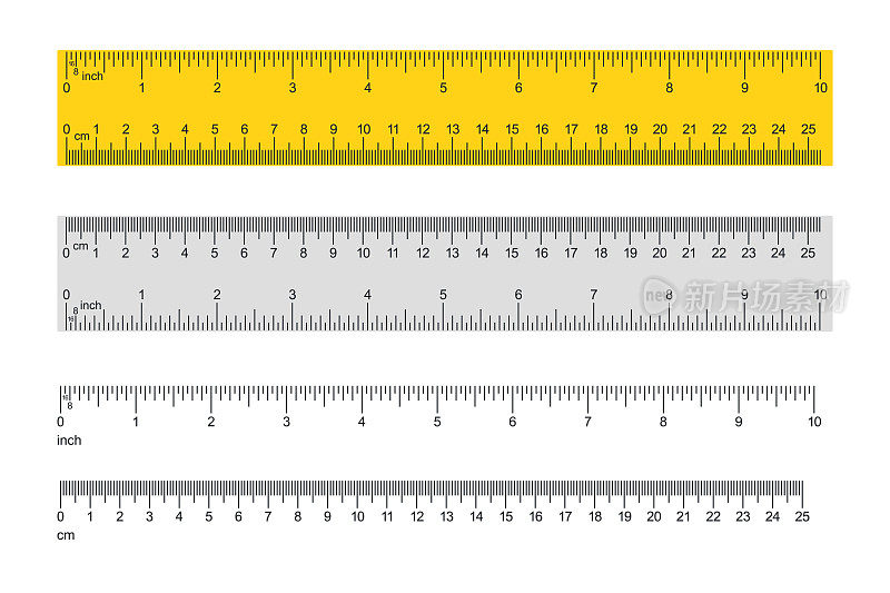 尺集-英制和公制。测量工具矢量。10英寸。25厘米