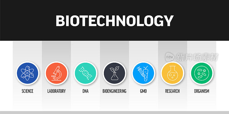 生物技术相关的横幅设计与线图标。科学，实验室，DNA，研究，转基因生物，有机体。