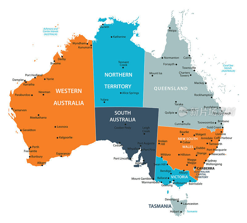 澳大利亚的地图。澳大利亚矢量彩色地图
