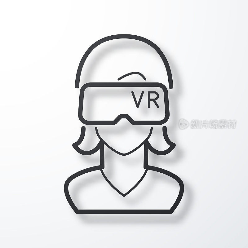 戴着VR头显的女人-虚拟现实。线图标与阴影在白色背景