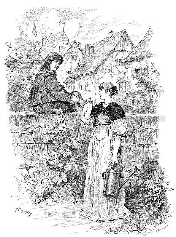 年轻的女人和年轻的男人在花园里兴奋地聊天，他坐在墙上，她站着，左手拿着一个喷壶，伸出右手作为强调
