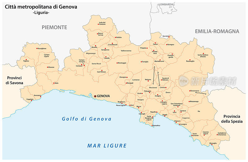 意大利利古里亚地区热那亚大都会的行政和政治地图