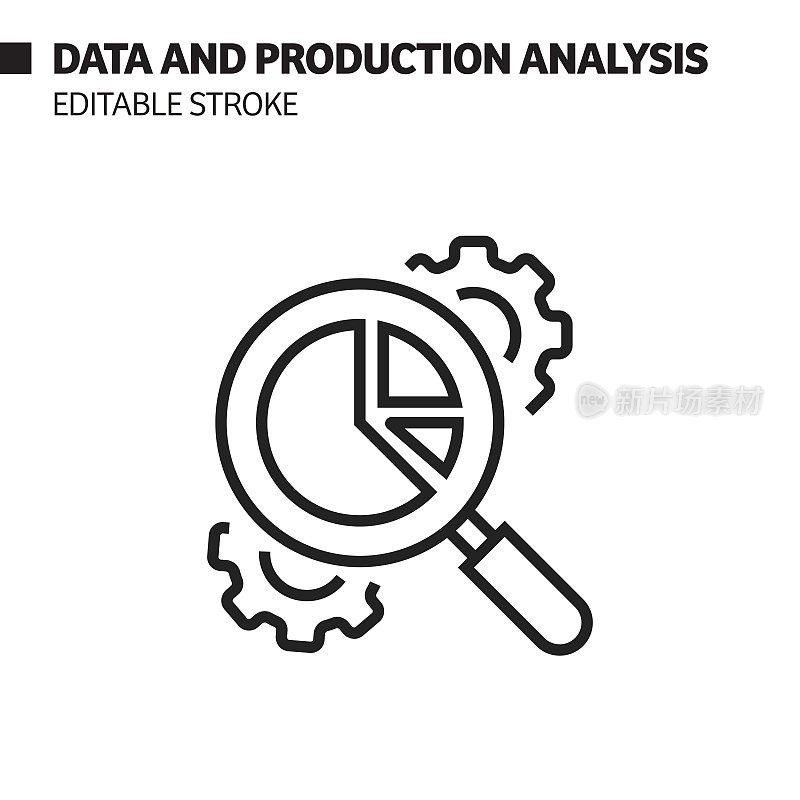 数据和生产分析线图标，轮廓矢量符号插图。完美像素，可编辑的描边。