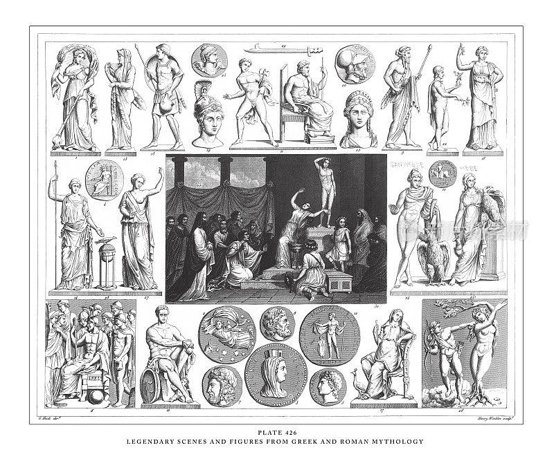 希腊和罗马神话中的传奇场景和人物雕刻古董插图，出版于1851年