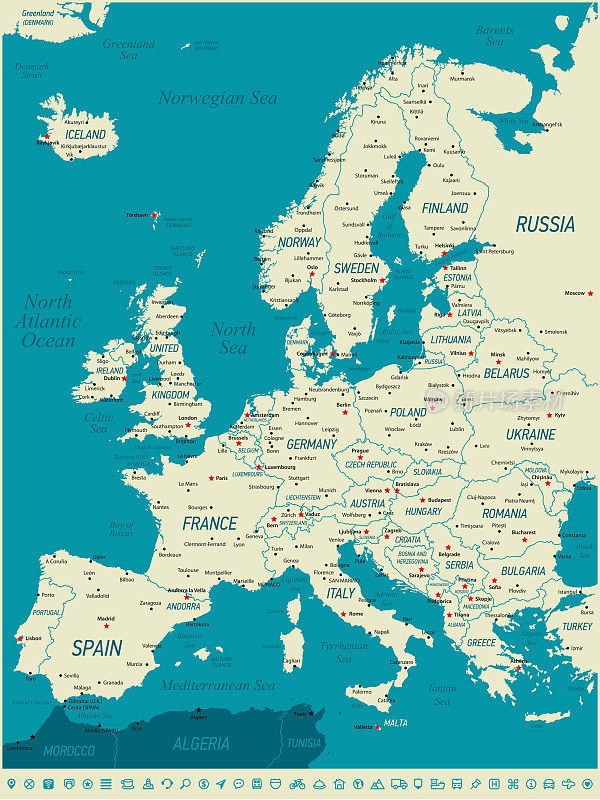 欧洲地图与导航图标和德国，比利时，葡萄牙，瑞典