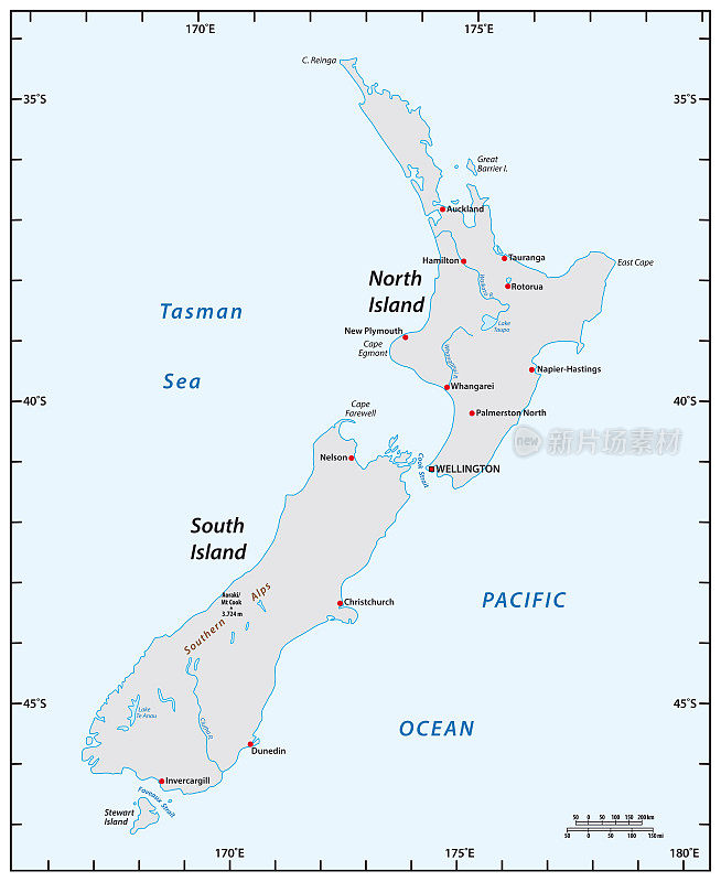简单的新西兰地图与度经度和纬度