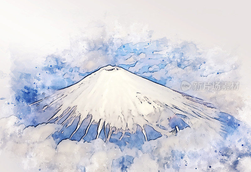 摘要日本川口县富士山山顶上的水彩画插画背景。