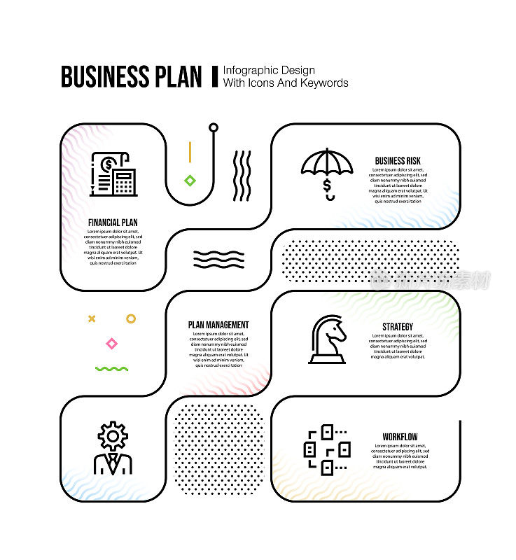 信息图表设计模板与商业计划的关键字和图标