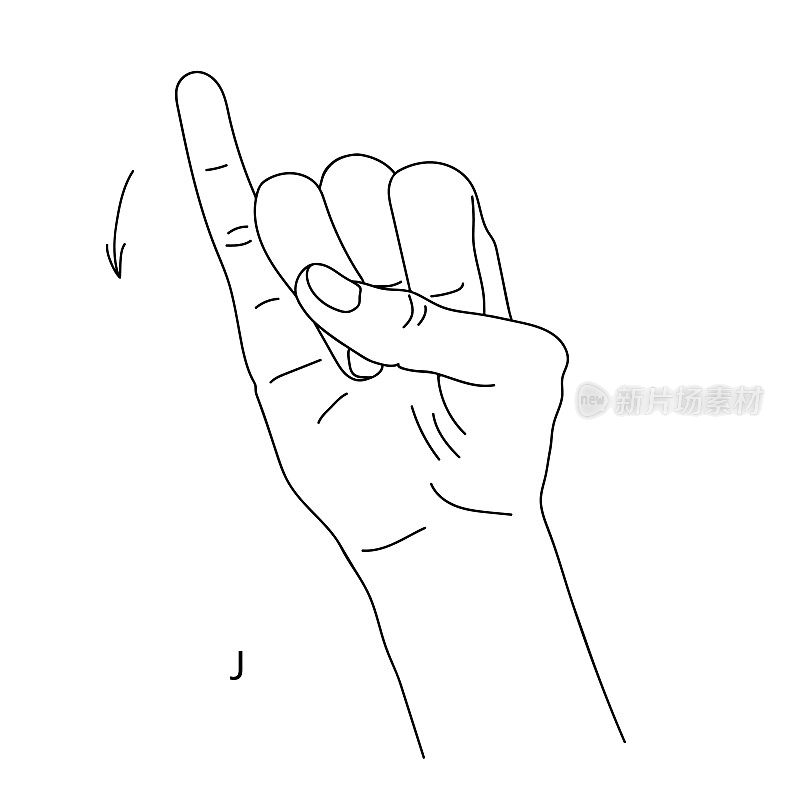 J是手语字母表中的第10个字母。孤立的图像一只手紧握着手指，小指翘起。一只手的黑白画。聋哑语言