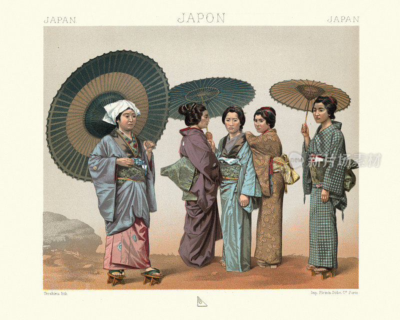 日本妇女的传统服饰，和服，阳伞，木制平台和檀香木