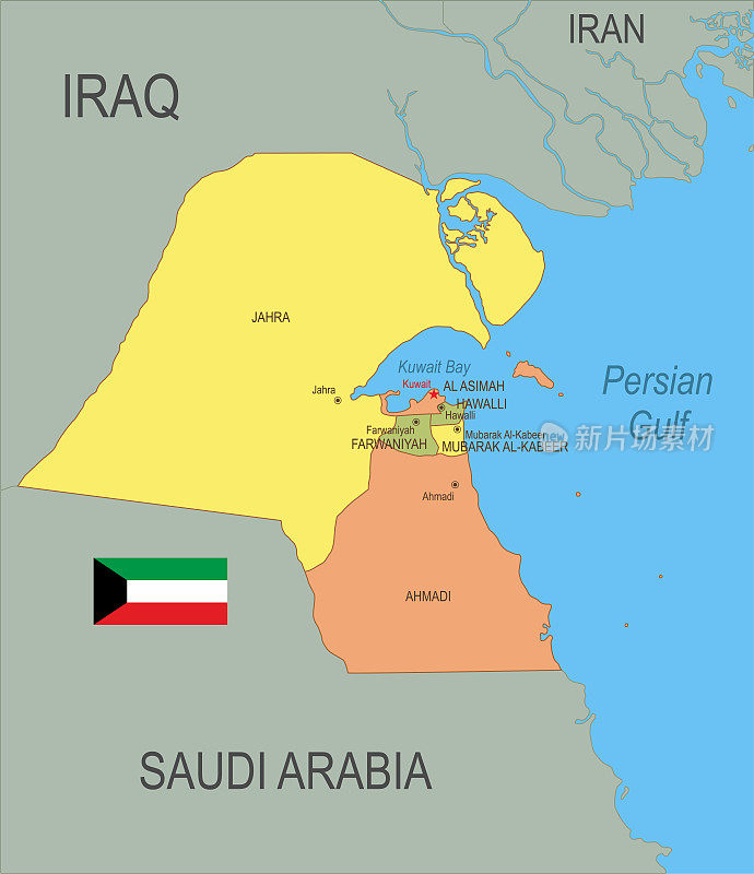带旗帜的科威特平面地图
