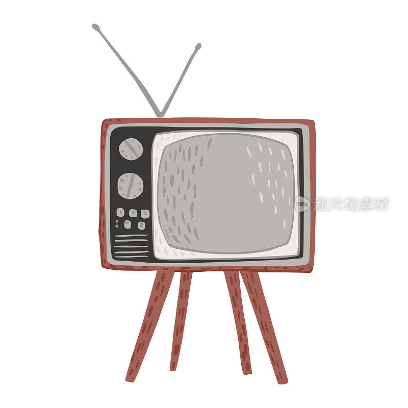 短的复古电视孤立的白色背景。老式电视天线灰色和棕色手绘风格涂鸦。