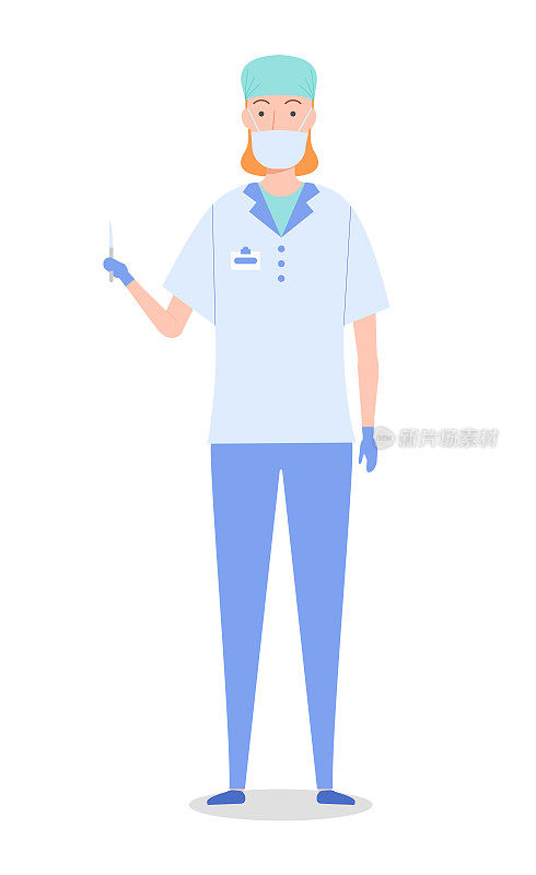 女外科医生站在医疗制服，口罩，帽子，手套和手拿手术刀。平面图像