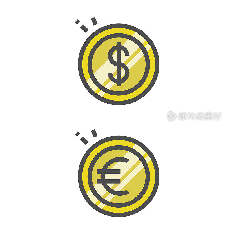 硬币图标。美元和欧元标志平面设计。