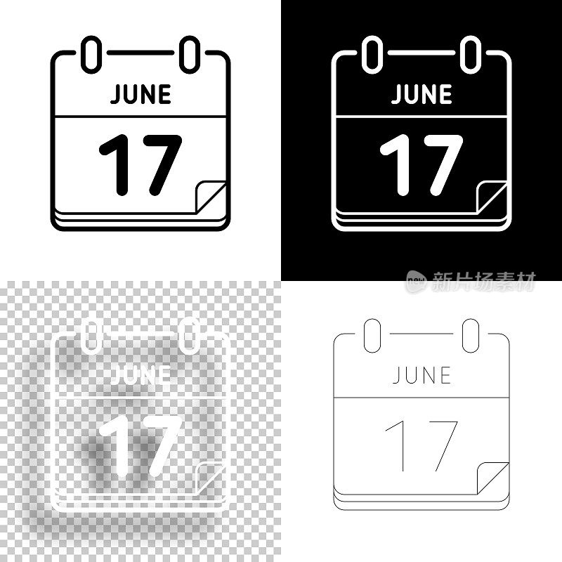6月17日。图标设计。空白，白色和黑色背景-线图标