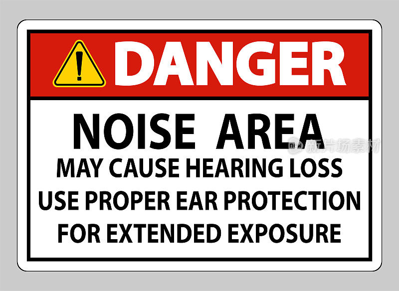 危险PPE标志，噪音区域可能导致听力损失，使用适当的耳朵保护延长暴露