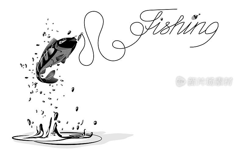 鱼钩上的鱼溅起水花。碑文钓鱼。河鲈，钓鱼。黑白单色矢量插图孤立在白色背景在卡通风格。