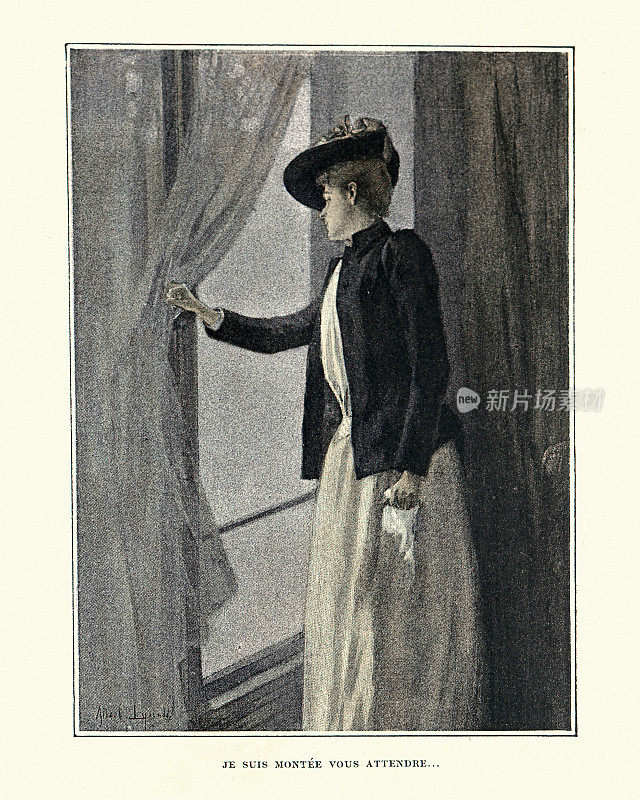 年轻女子望着窗外,维多利亚时代,法国,19世纪