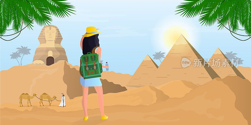 一个背着背包的女孩看着埃及的狮身人面像和金字塔。沙漠。向量。