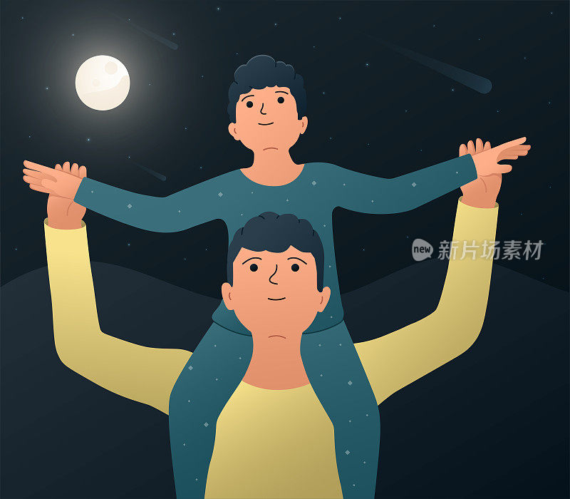 父亲和儿子。矢量插图的一个快乐的父亲和他的儿子坐在他的肩膀上，看着夜晚的星空和星星坠落。耽于幻想的概念。