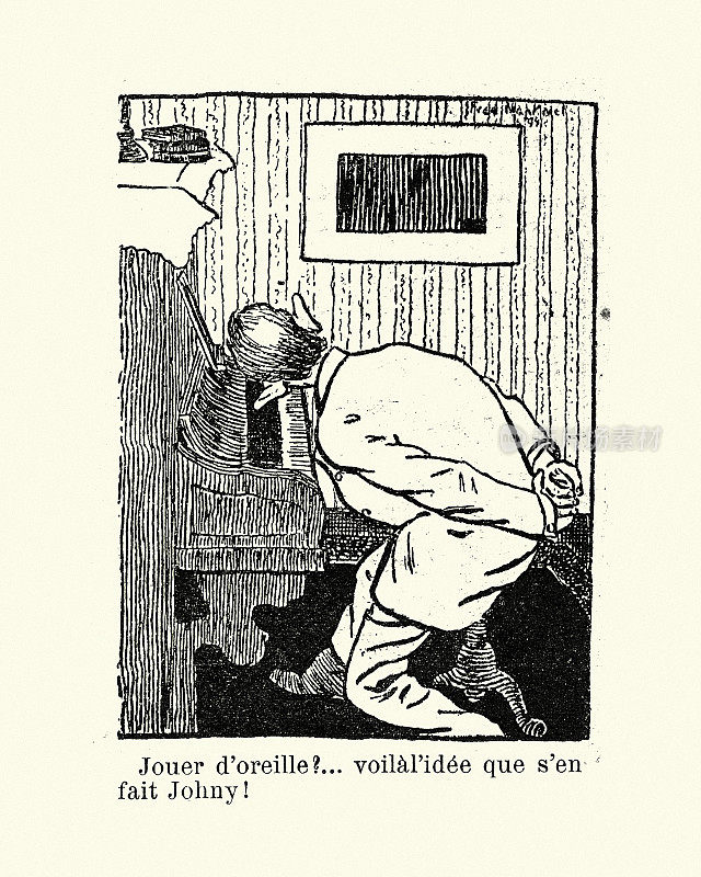 复古幽默的法国插图的人弹钢琴与他的耳朵，19世纪