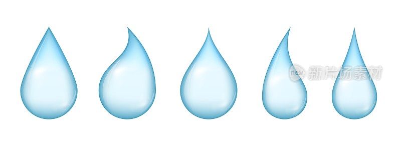 水滴。蓝色水滴图标。逼真纯滴，落水元素。水滴清，雨滴落向量集